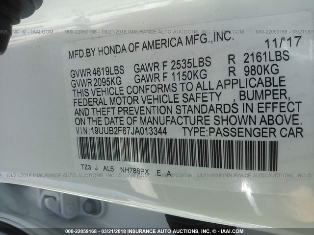 19UUB2F67JA013344 - 2018 ACURA TLX TECH+A/TCH+AR WHITE photo 9