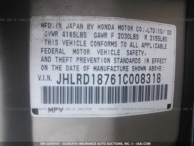 JHLRD18761C008318 - 2001 HONDA CR-V SE/LE TAN photo 9