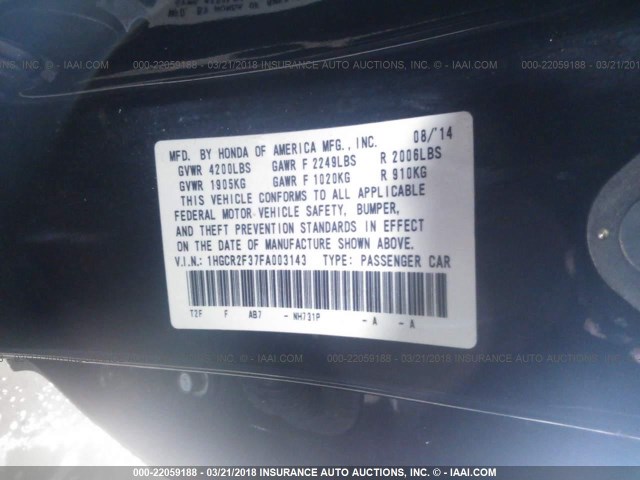 1HGCR2F37FA003143 - 2015 HONDA ACCORD LX BLACK photo 9