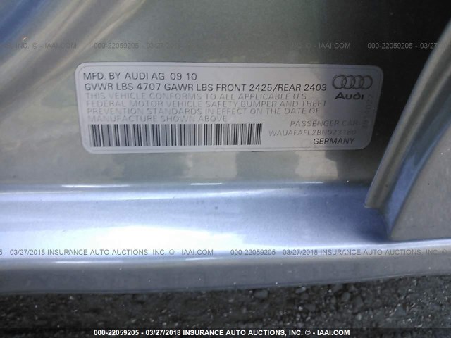 WAUAFAFL2BN023180 - 2011 AUDI A4 PREMIUM GRAY photo 9