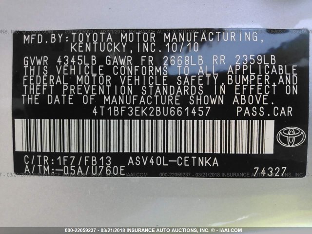 4T1BF3EK2BU661457 - 2011 TOYOTA CAMRY SE/LE/XLE Күміс фото 9