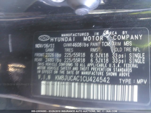 KM8JUCAC1CU424542 - 2012 HYUNDAI TUCSON GLS/LIMITED BLACK photo 9