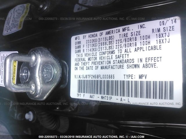 5J6TF2H58FL000885 - 2015 HONDA CROSSTOUR EXL შავი ფოტო 9