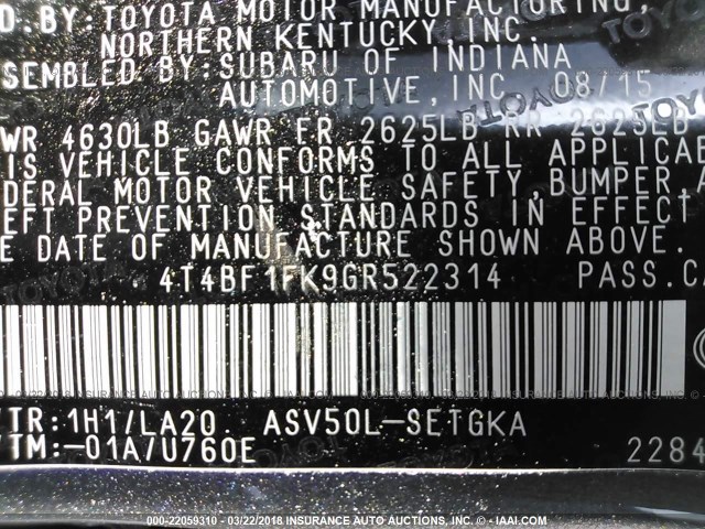 4T4BF1FK9GR522314 - 2016 TOYOTA CAMRY LE/XLE/SE/XSE GRAY photo 9