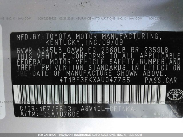 4T1BF3EKXAU047755 - 2010 TOYOTA CAMRY SE/LE/XLE SILVER photo 9