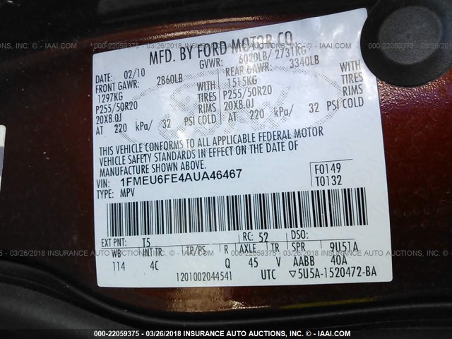 1FMEU6FE4AUA46467 - 2010 FORD EXPLORER LIMITED 勃艮第红 照片 9