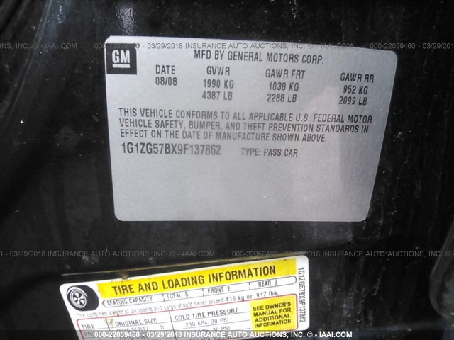 1G1ZG57BX9F137862 - 2009 CHEVROLET MALIBU LS BLACK photo 9