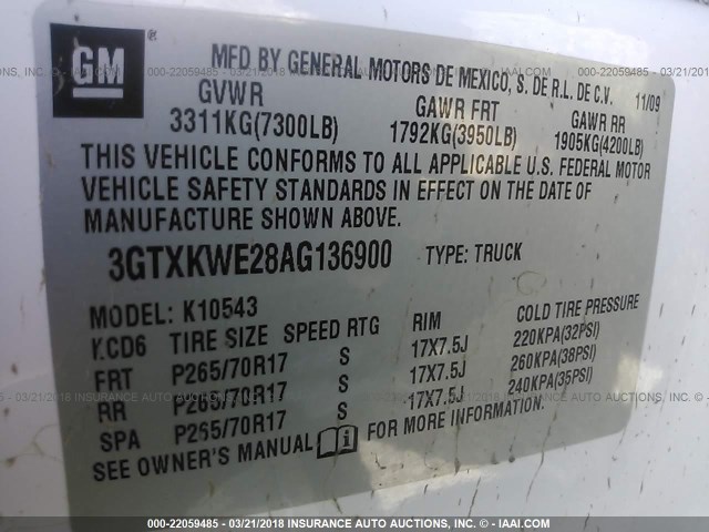 3GTXKWE28AG136900 - 2010 GMC SIERRA K1500 SLT WHITE photo 9