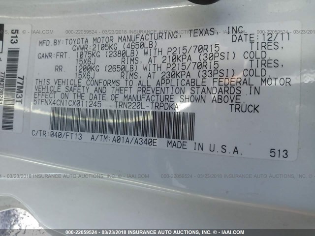 5TFNX4CN1CX011245 - 2012 TOYOTA TACOMA WHITE photo 9