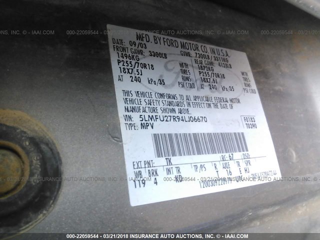 5LMFU27R94LJ06670 - 2004 LINCOLN NAVIGATOR 灰色 照片 9