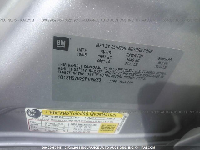 1G1ZH57B29F180833 - 2009 CHEVROLET MALIBU 1LT 银色 照片 9