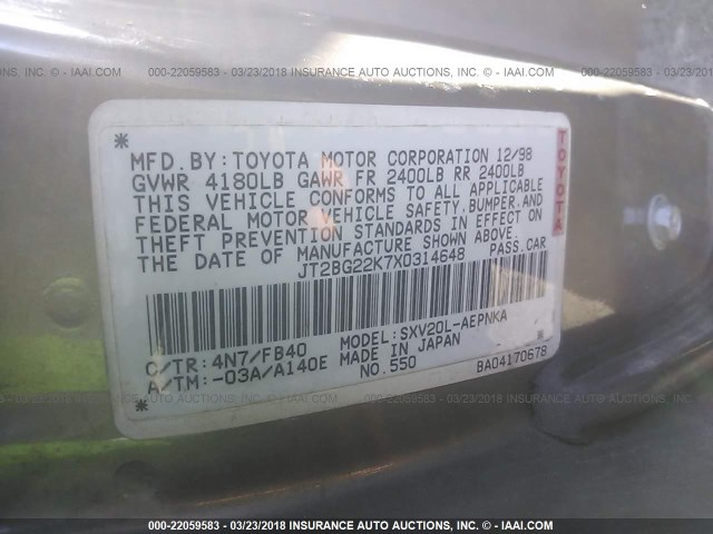 JT2BG22K7X0314648 - 1999 TOYOTA CAMRY LE/XLE GOLD photo 9