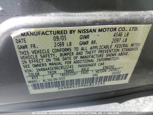 1N4BA41E96C812241 - 2006 NISSAN MAXIMA SE/SL SILVER photo 9