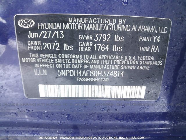 5NPDH4AE8DH374814 - 2013 HYUNDAI ELANTRA GLS/LIMITED BLUE photo 9