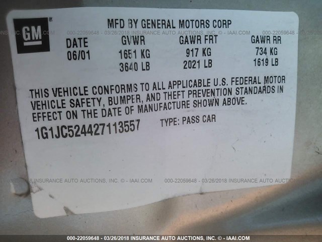 1G1JC524427113557 - 2002 CHEVROLET CAVALIER CNG 金色 照片 9