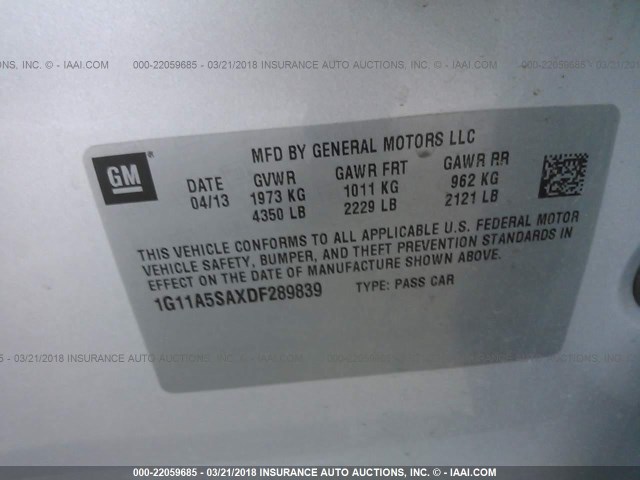 1G11A5SAXDF289839 - 2013 CHEVROLET MALIBU LS ვერცხლისფერი ფოტო 9