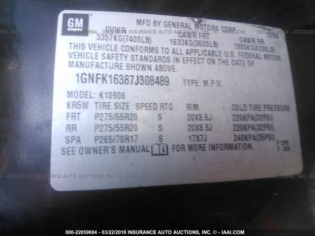 1GNFK16387J308489 - 2007 CHEVROLET SUBURBAN K1500 BLACK photo 9