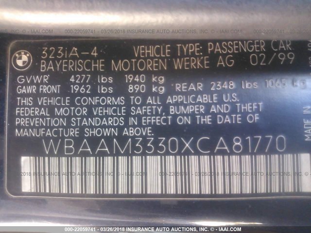 WBAAM3330XCA81770 - 1999 BMW 323 I AUTOMATIC BLUE photo 9
