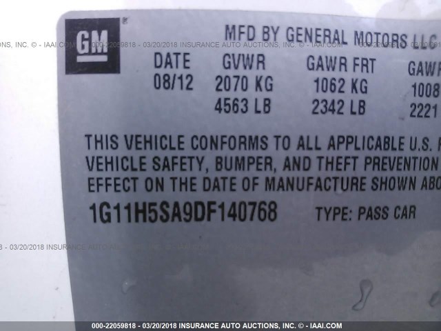 1G11H5SA9DF140768 - 2013 CHEVROLET MALIBU LTZ WHITE photo 9