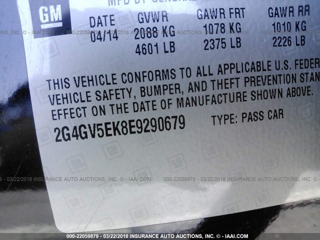 2G4GV5EK8E9290679 - 2014 BUICK REGAL BLACK photo 9