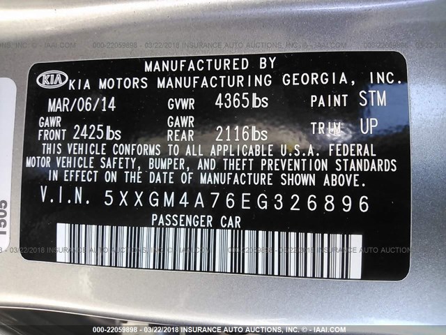 5XXGM4A76EG326896 - 2014 KIA OPTIMA LX SILVER photo 9