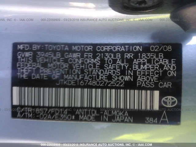 JTKDE167480272522 - 2008 TOYOTA SCION TC 蓝色 照片 9