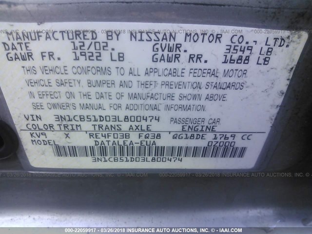 3N1CB51D03L800474 - 2003 NISSAN SENTRA XE/GXE GRAY photo 9