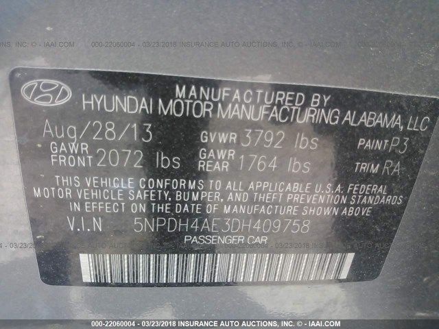 5NPDH4AE3DH409758 - 2013 HYUNDAI ELANTRA GLS/LIMITED GRAY photo 9