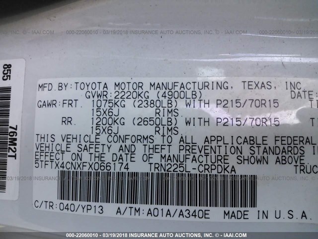 5TFTX4CNXFX066174 - 2015 TOYOTA TACOMA ACCESS CAB Weiß Foto 9