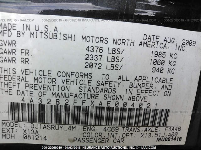 4A32B2FFXAE004021 - 2010 MITSUBISHI GALANT FE BLACK photo 9