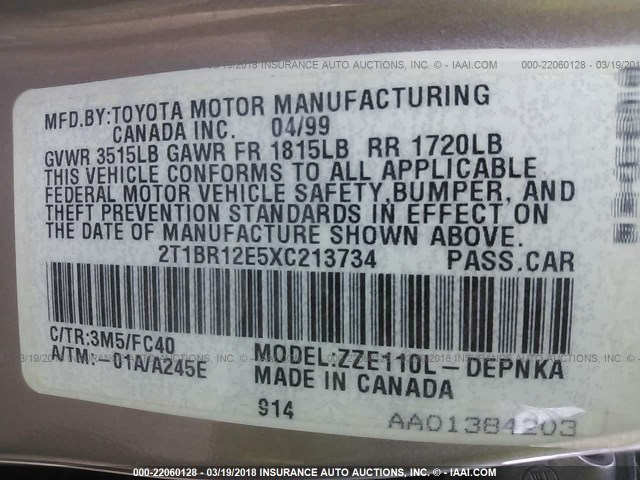 2T1BR12E5XC213734 - 1999 TOYOTA COROLLA VE/CE/LE 棕色 照片 9