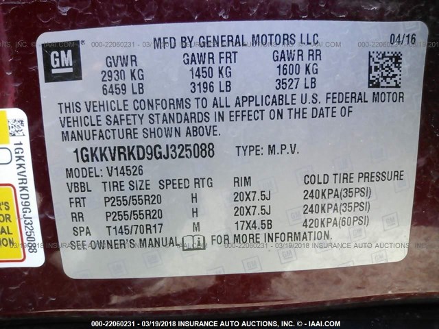 1GKKVRKD9GJ325088 - 2016 GMC ACADIA SLT-1 MAROON photo 9