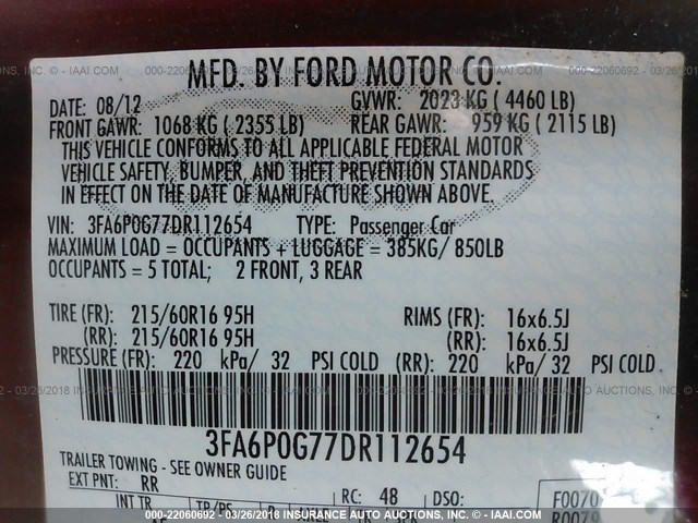 3FA6P0G77DR112654 - 2013 FORD FUSION S RED photo 9