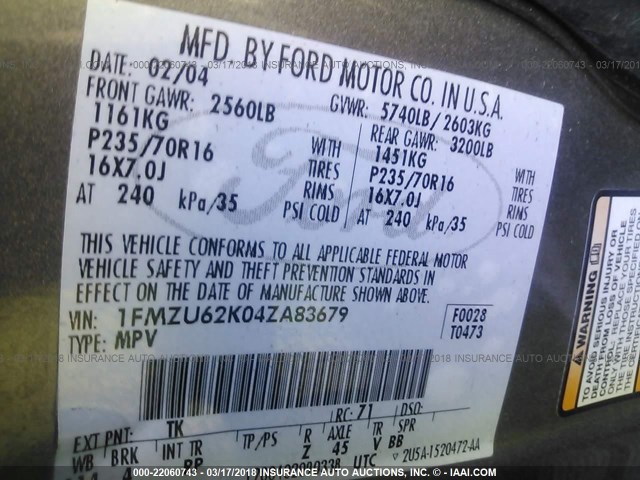 1FMZU62K04ZA83679 - 2004 FORD EXPLORER XLS/XLS SPORT GRAY photo 9