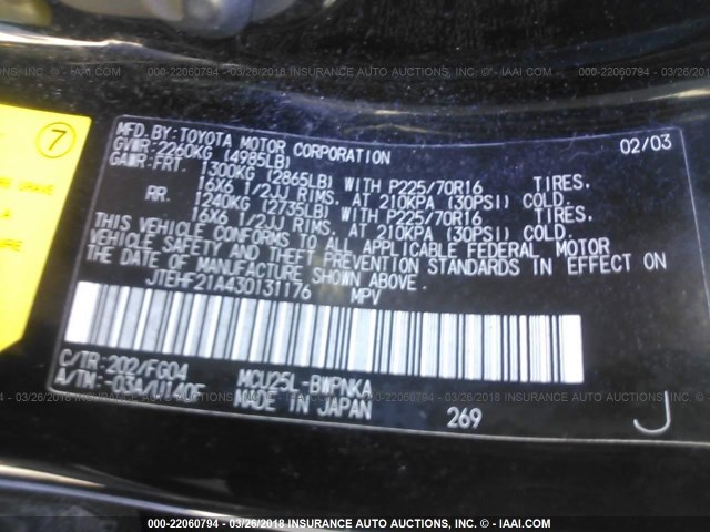 JTEHF21A430131176 - 2003 TOYOTA HIGHLANDER LIMITED BLACK photo 9