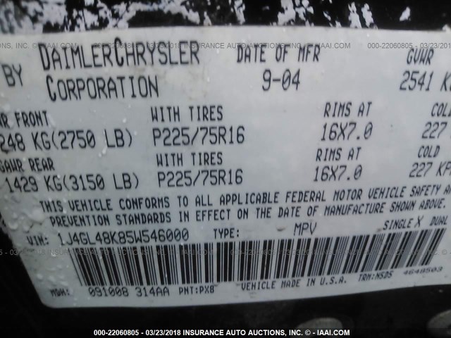 1J4GL48K85W546000 - 2005 JEEP LIBERTY SPORT 黑色 照片 9