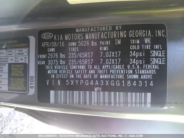 5XYPG4A3XGG184314 - 2016 KIA SORENTO LX/L GRAY photo 9