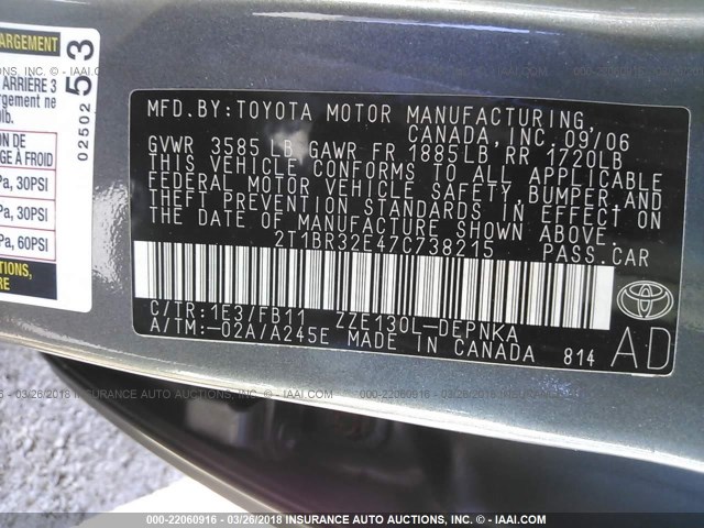 2T1BR32E47C738215 - 2007 TOYOTA COROLLA CE/LE/S GRAY photo 9