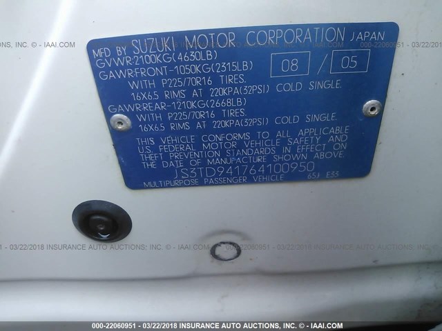 JS3TD941764100950 - 2006 SUZUKI GRAND VITARA  WHITE photo 9