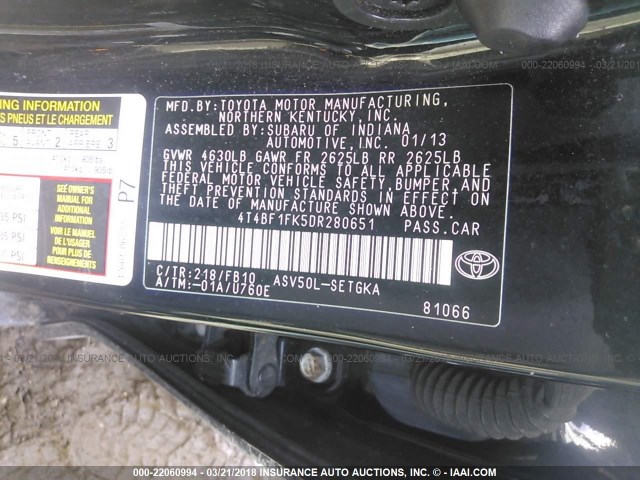 4T4BF1FK5DR280651 - 2013 TOYOTA CAMRY L/SE/LE/XLE 黑色 照片 9