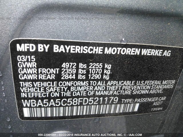 WBA5A5C58FD521179 - 2015 BMW 528 I GRAY photo 9