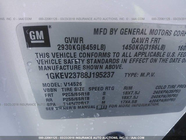 1GKEV23788J195237 - 2008 GMC ACADIA SLT-1 Білий фото 9