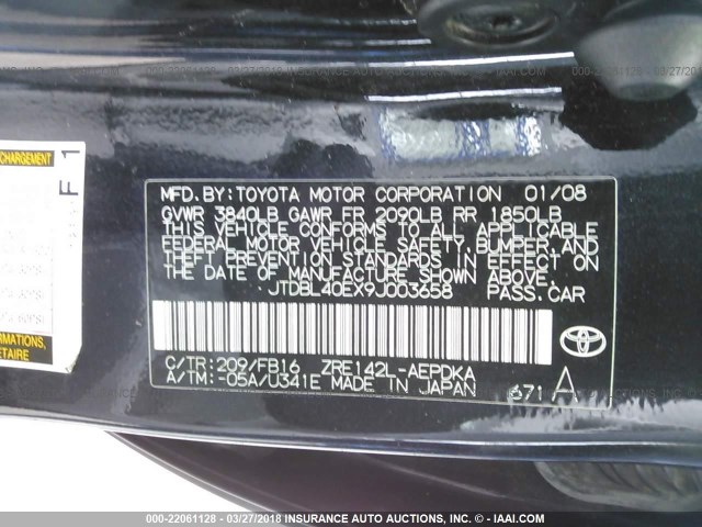 JTDBL40EX9J003658 - 2009 TOYOTA COROLLA LE/XLE BLACK photo 9