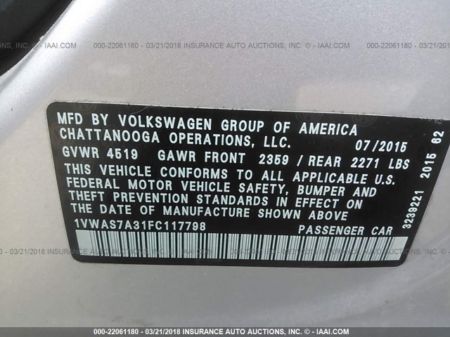 1VWAS7A31FC117798 - 2015 VOLKSWAGEN PASSAT S SILVER photo 9