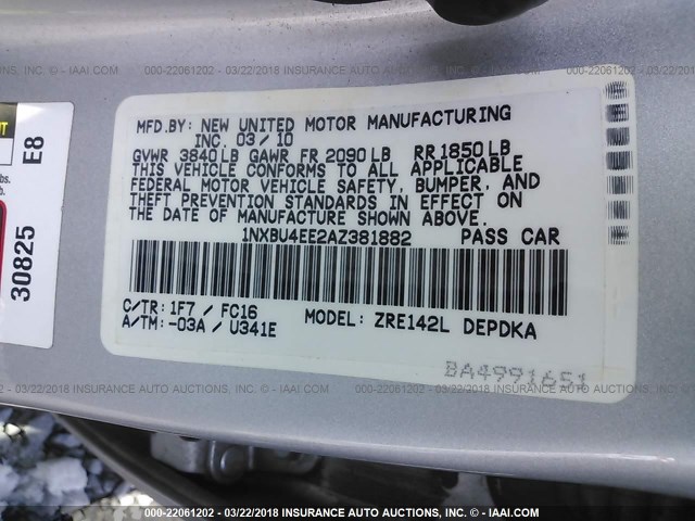 1NXBU4EE2AZ381882 - 2010 TOYOTA COROLLA S/LE/XLE SILVER photo 9