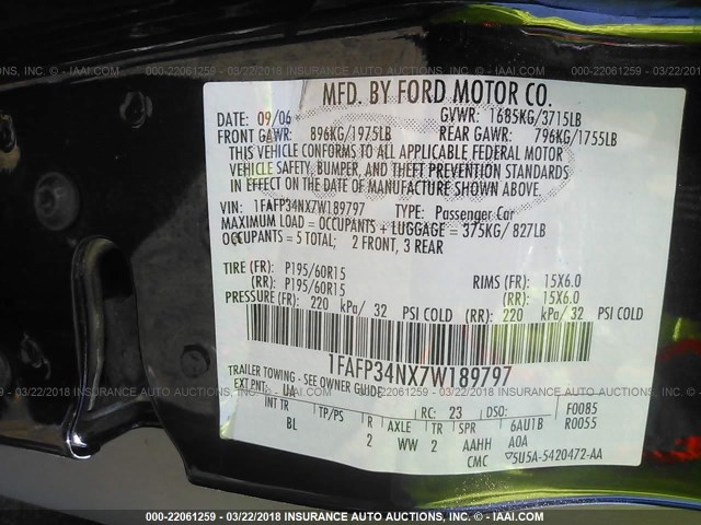 1FAFP34NX7W189797 - 2007 FORD FOCUS ZX4/S/SE/SES 黑色 照片 9