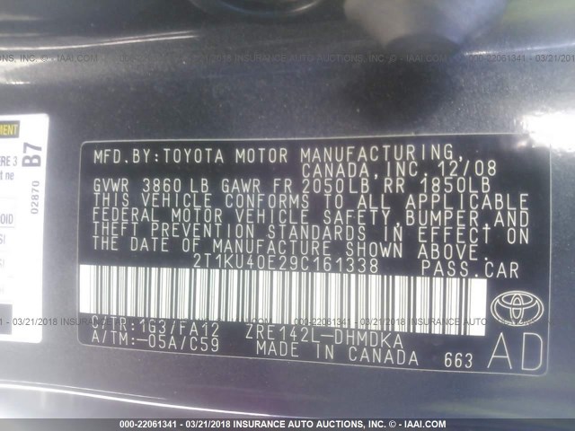 2T1KU40E29C161338 - 2009 TOYOTA COROLLA MATRIX  GRAY photo 9