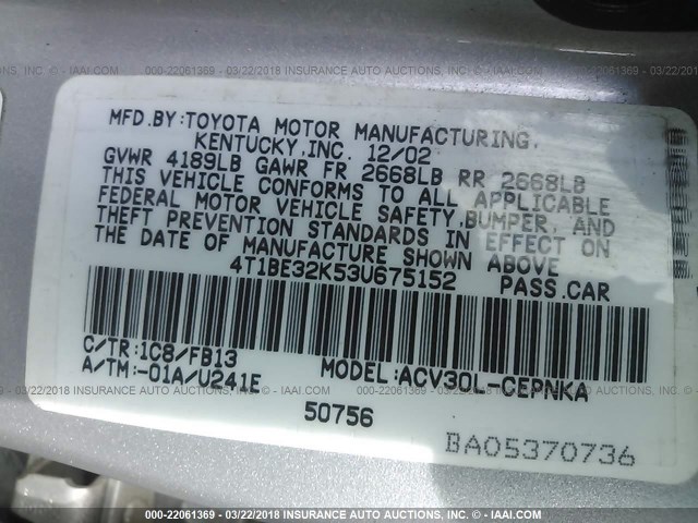 4T1BE32K53U675152 - 2003 TOYOTA CAMRY LE/XLE/SE ვერცხლისფერი ფოტო 9