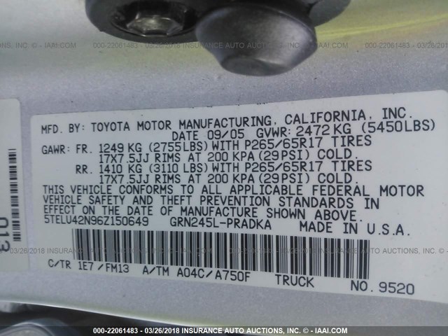 5TELU42N96Z150649 - 2006 TOYOTA TACOMA DOUBLE CAB SILVER photo 9