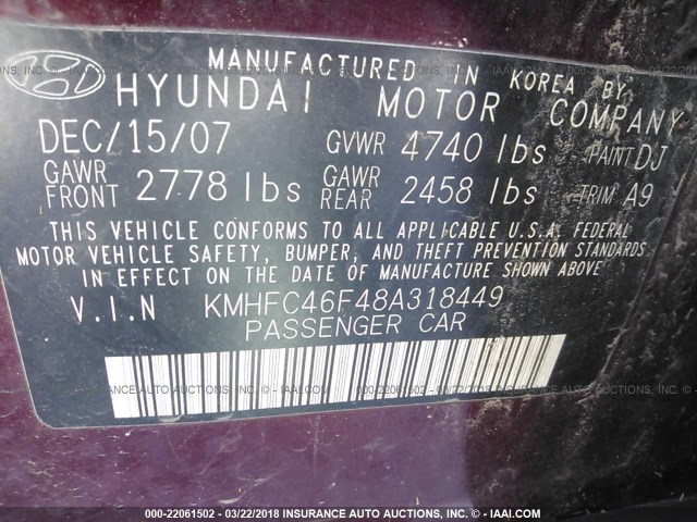 KMHFC46F48A318449 - 2008 HYUNDAI AZERA SE/LIMITED MAROON photo 9